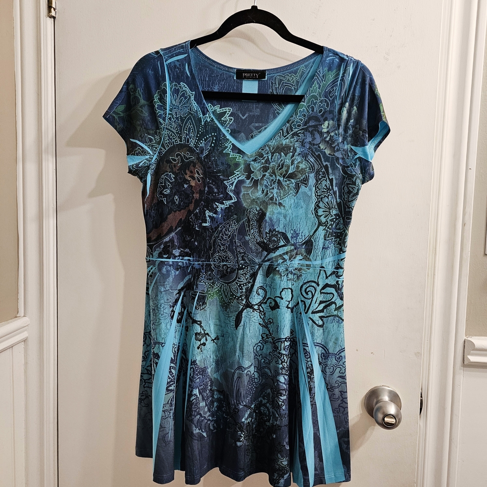Y2K Style Pretty Woman Blue Patterned Long Tee / Dress